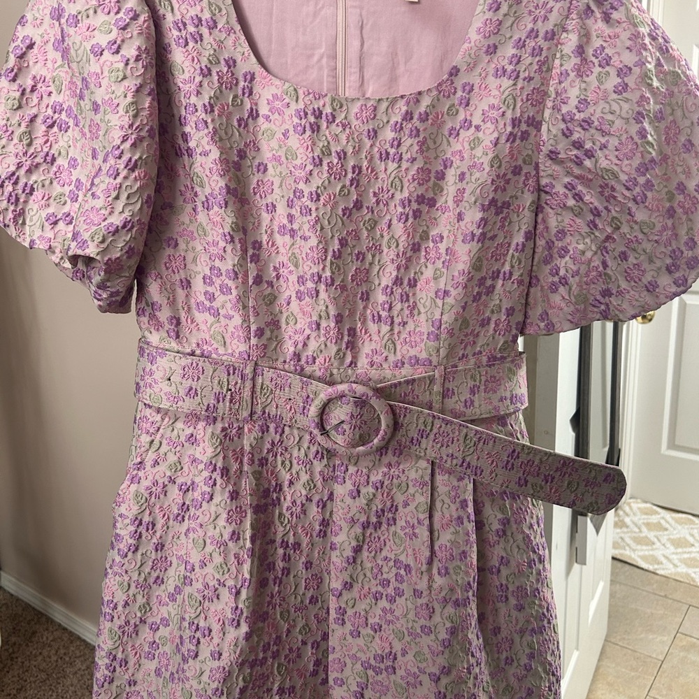 NWOT. JODIFL. Purple & Pink Puff Sleeve Floral Romper with Square Neck & Belt